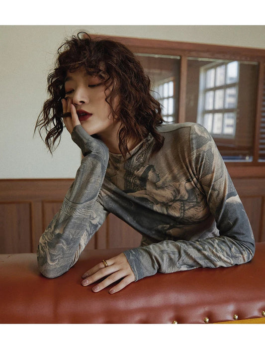Renaissance Print Vintage Turtleneck Long Sleeve