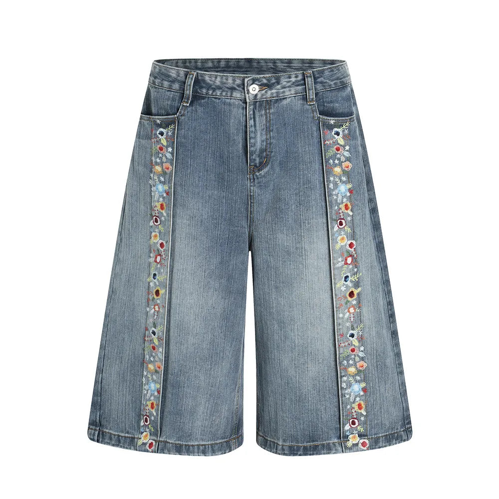 Vintage Floral Denim Shorts Wide Jeans