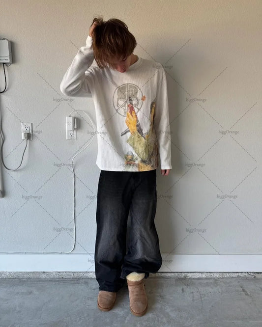 Retro Cartoon Printed Loose Long-Sleeve T-Shirt