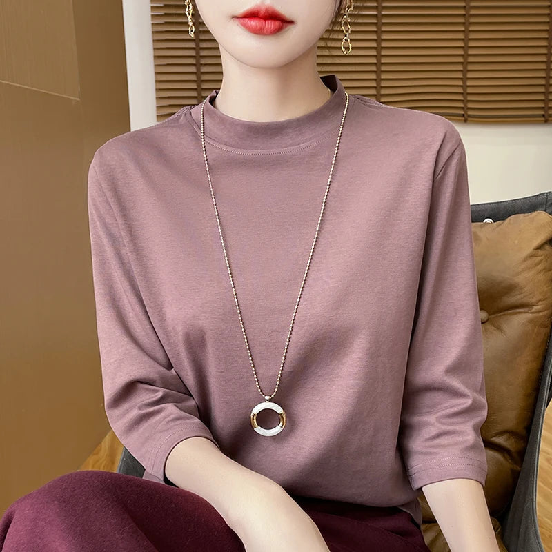Cotton Semi High Neck Cropped T-Shirt