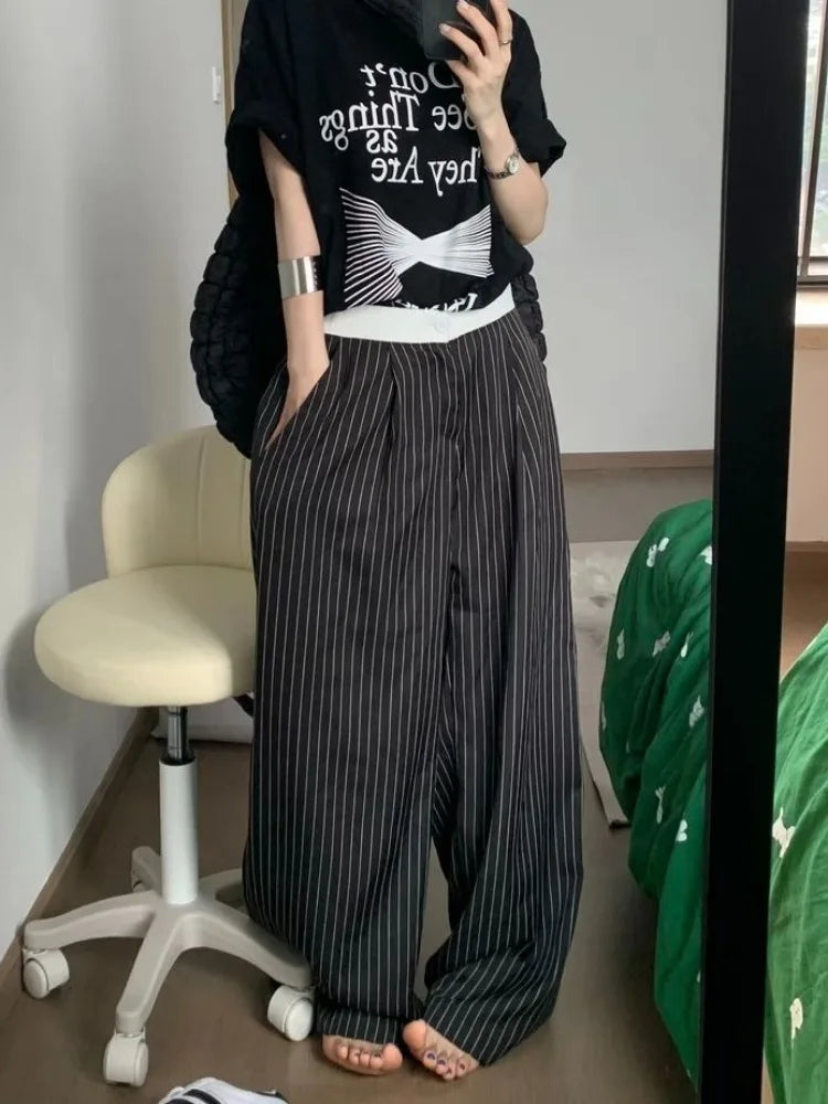 Elegant High Waist Striped Suit Pants