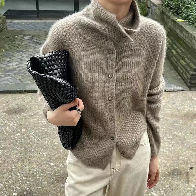 Chunky Knit Wool Turtleneck Cardigan Sweater