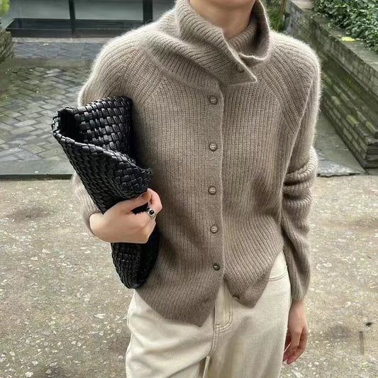 Chunky Knit Wool Turtleneck Cardigan Sweater