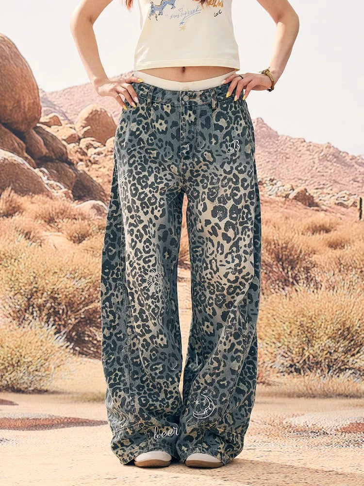 Retro Leopard Wide Leg Jeans