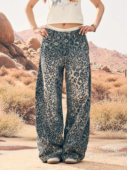 Retro Leopard Wide Leg Jeans