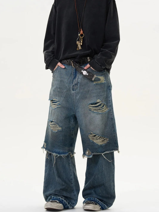 Stacked Fake Two Pairs Ripped Jeans