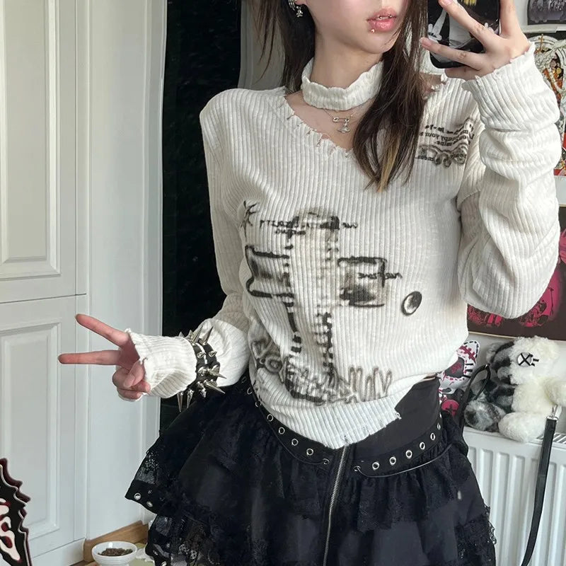 Vintage Grunge Distressed Knit Crop T-Shirt