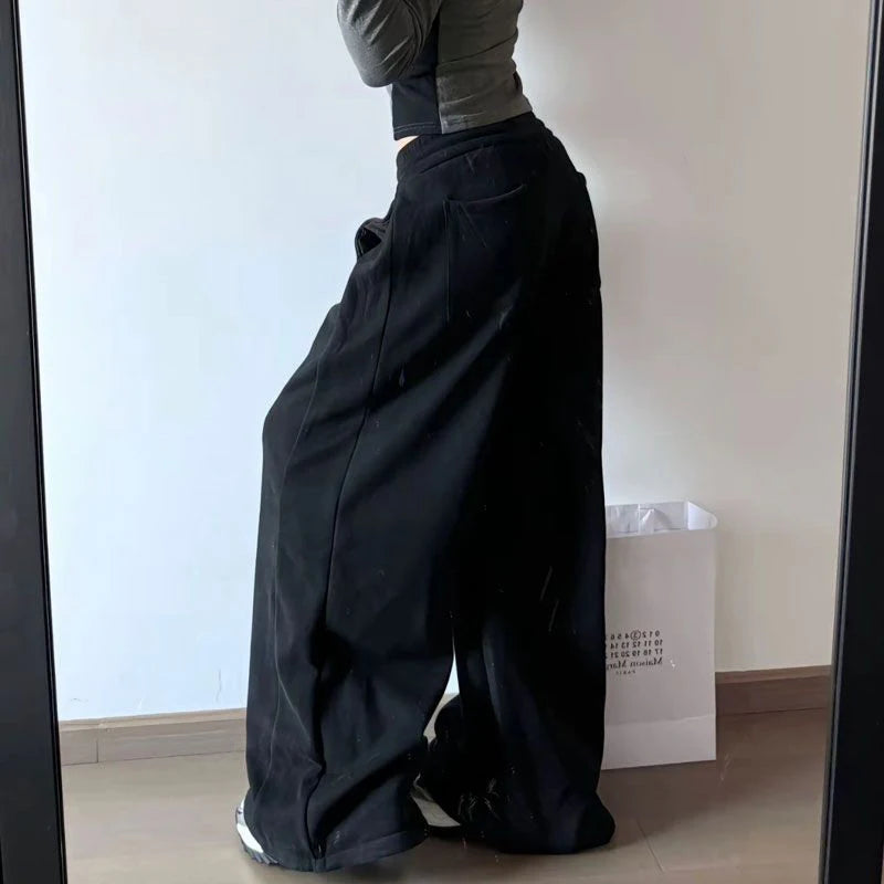 Black Oversized Fleece Joggers Wide Pants