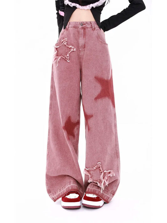 Retro American Star Splicing Wide Jeans
