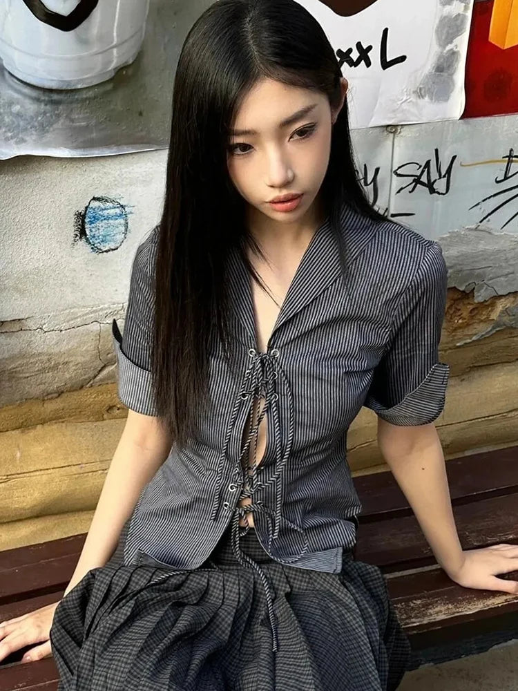 Slim Striped Hollow Out Lace Shirt