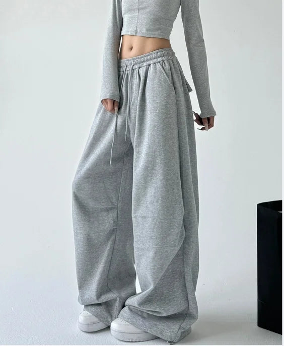 Gray Wide Leg Drawstring Pants
