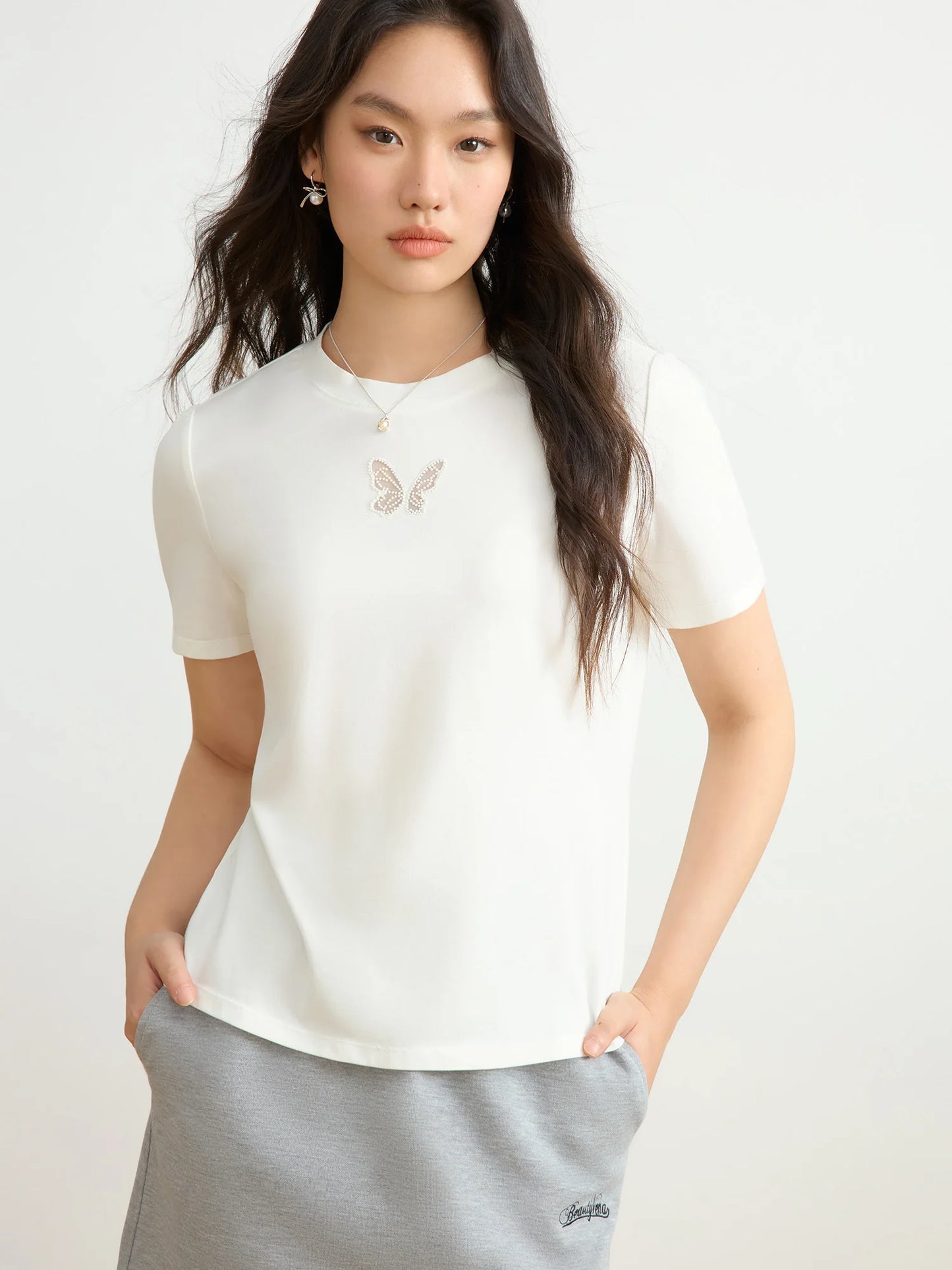 Elegant Mesh Embroidered Shoulder T-Shirt