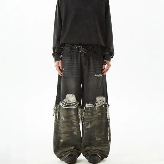 Retro Camouflage Splicing Loose Straight Jeans