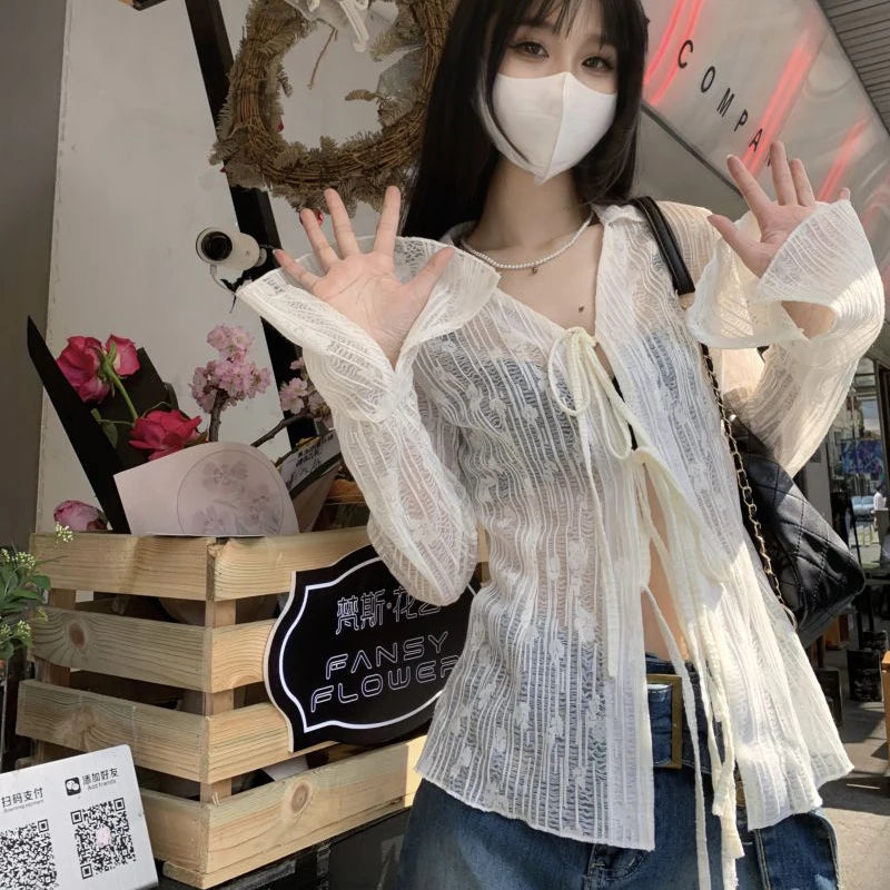 Lace Up Long Sleeve Blouse Shirt