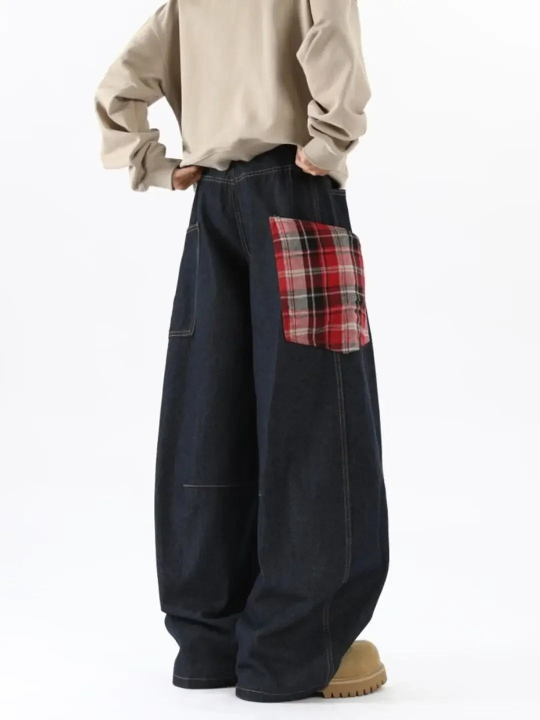 Retro Plaid Cargo Wide Leg Jeans