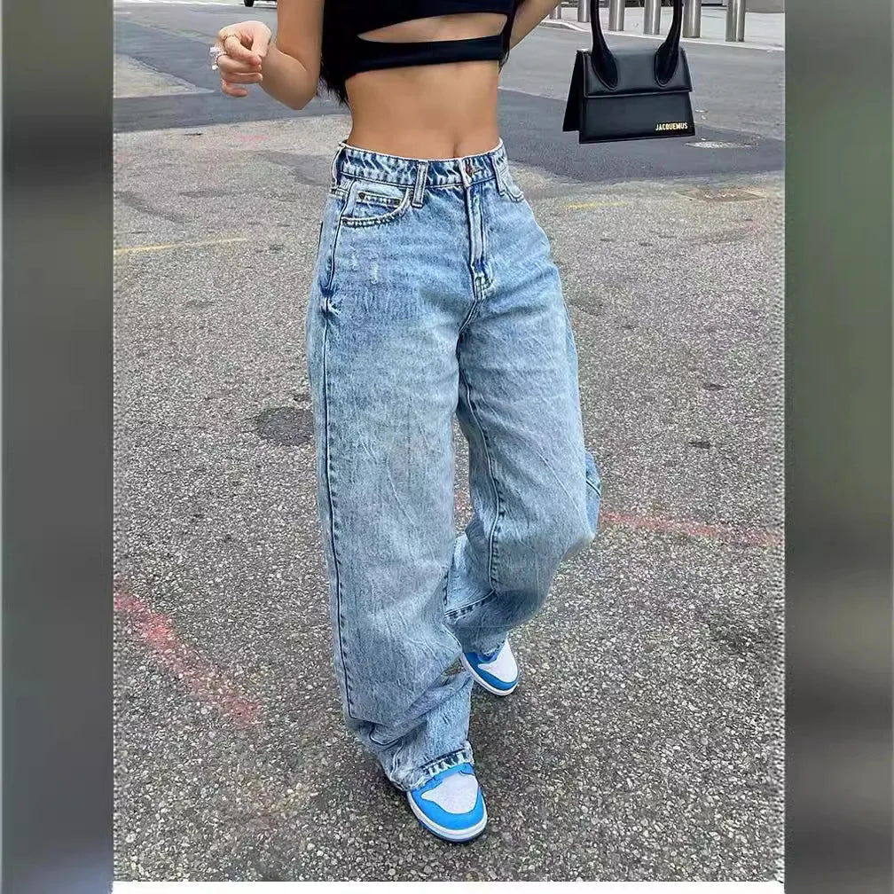 Solid Distressed Denim Straight Jeans