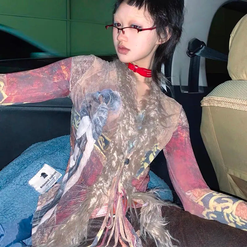 Vintage Grunge Aesthetics Tassel Mesh Shirt