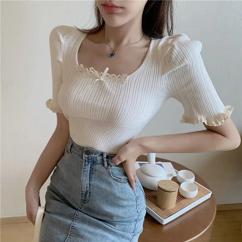 Spicy Girl Square Neck Lace Shirt
