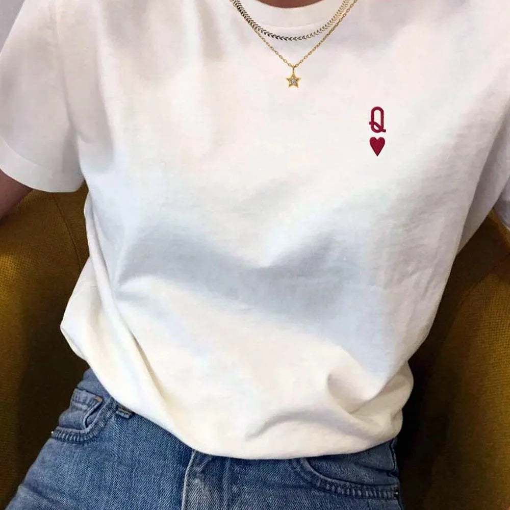 Embroidered White Queen Hearts Loose T-Shirt