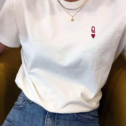 Embroidered White Queen Hearts Loose T-Shirt