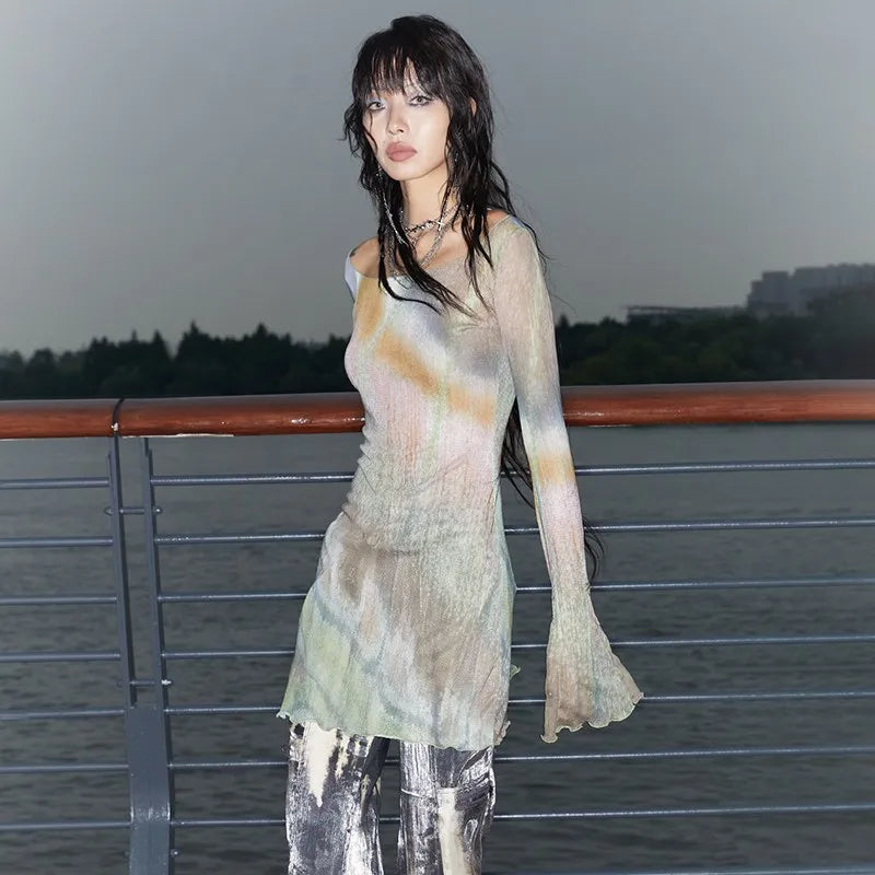Vintage Flare Sleeve Sheer Mesh T-Shirt