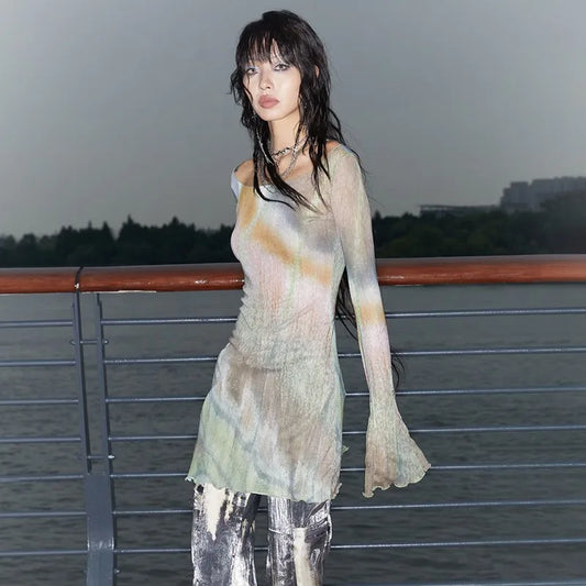 Vintage Flare Sleeve Sheer Mesh T-Shirt