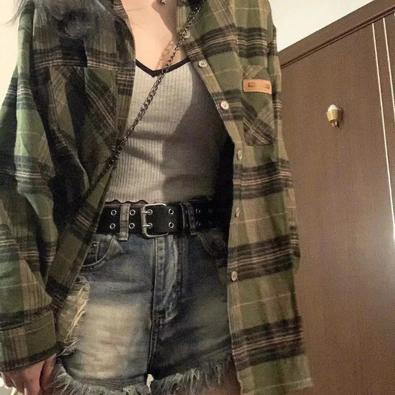 Vintage Oversize Green Plaid Blouse Shirt