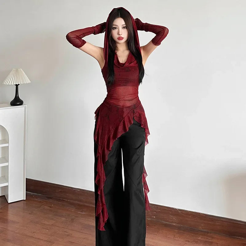 Sheer Mesh Grunge Irregular Hem Hoodie