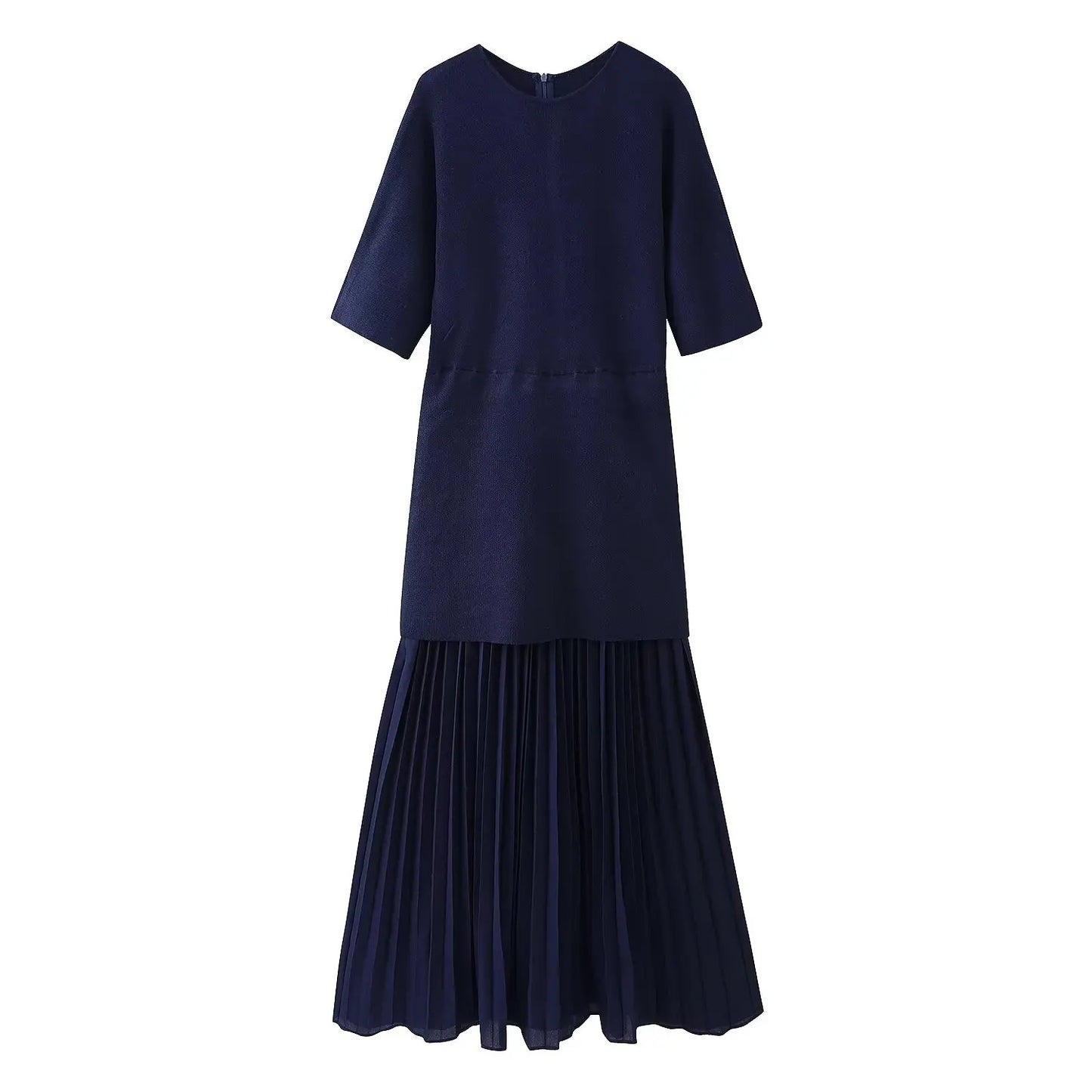 Elegant Pleated O-Neck Long Dress Women