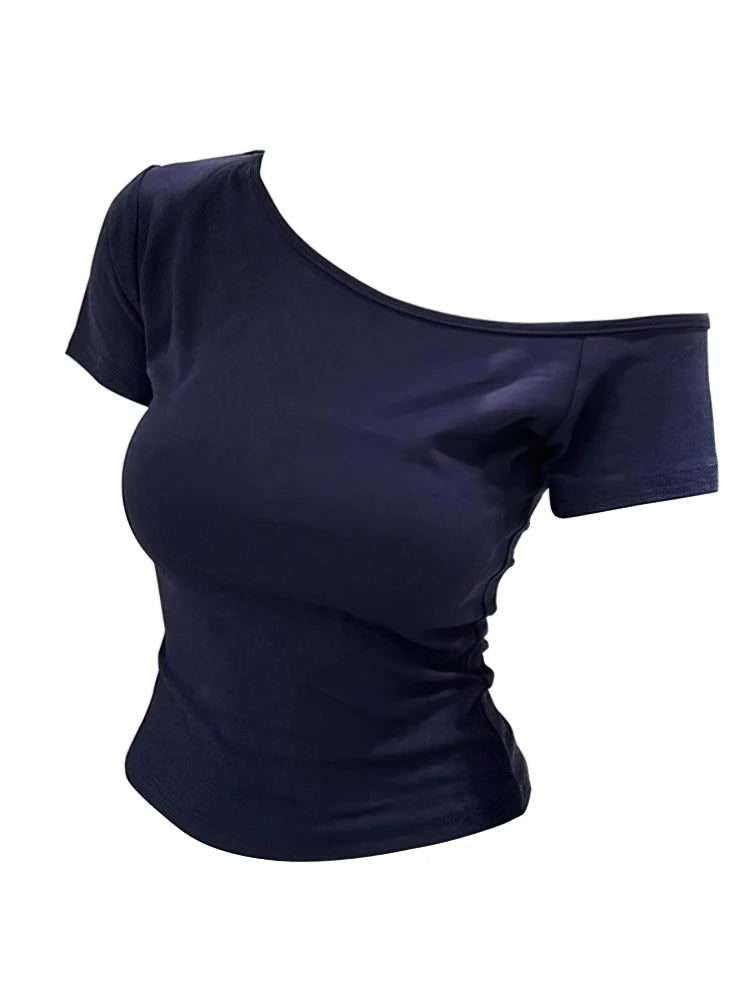 Slim Fit Ribbed Cotton Off-Shoulder T-Shirt