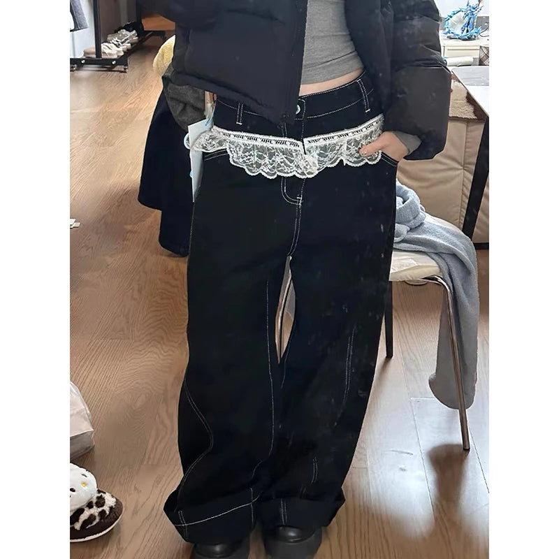 Vintage Lace Spliced Baggy Wide Jeans