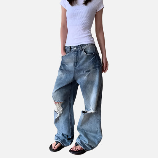 Retro Distressed Loose Fit Wide Jeans