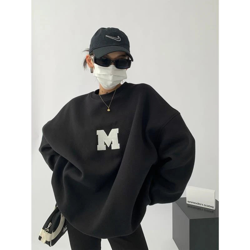 Gray Oversize Letter Embroidered Sweatshirt