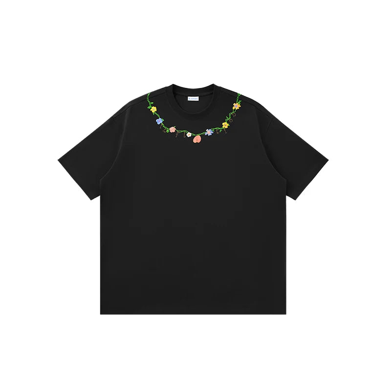 Oversized Floral Chain Embroidered Loose T-Shirt