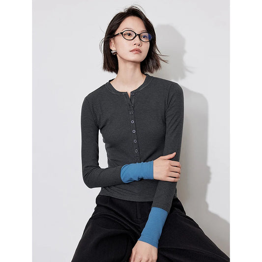Color Block Long Sleeve Women T-Shirt