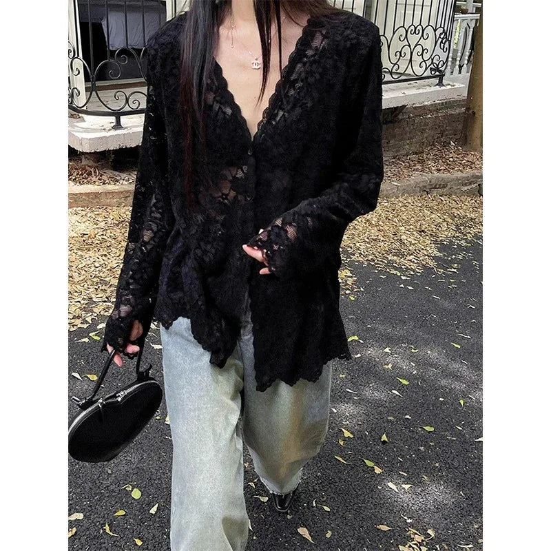 Chic Sheer Lace Blouses Womens Shirt