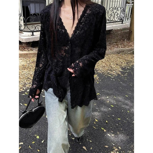 Chic Sheer Lace Blouses Womens Shirt