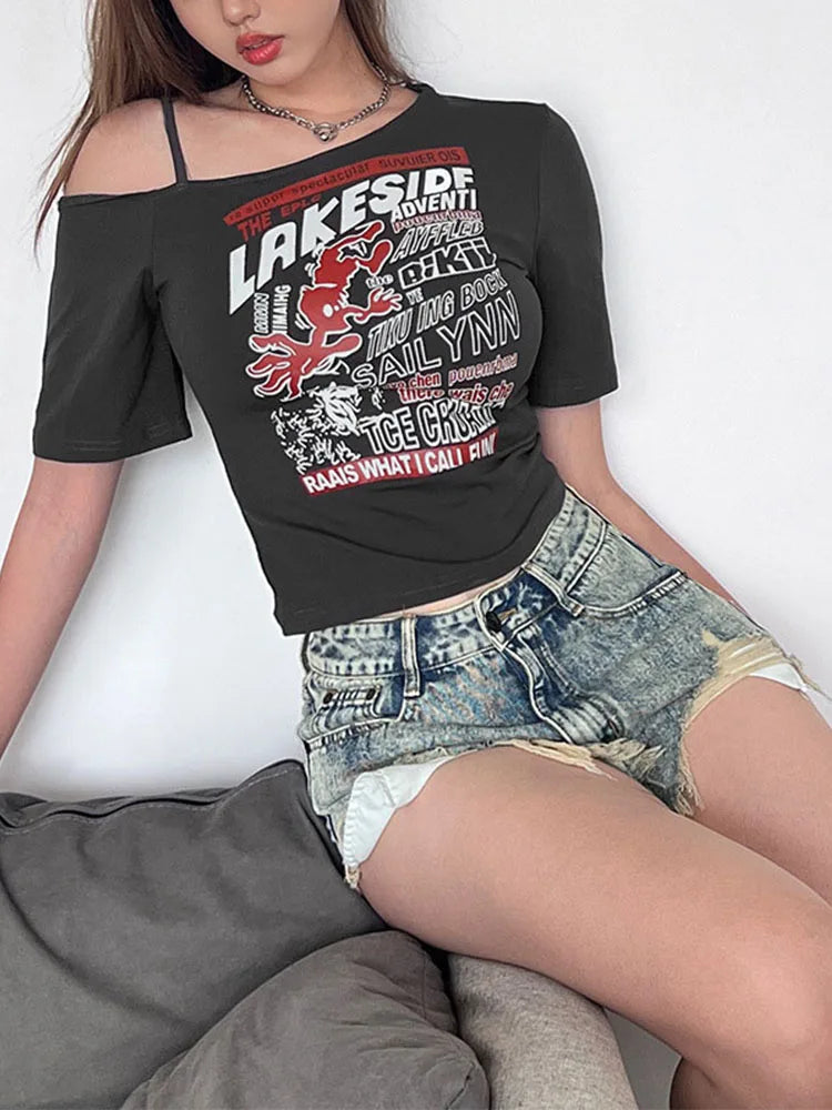 Gothic Letter Print Off Shoulder T-Shirt
