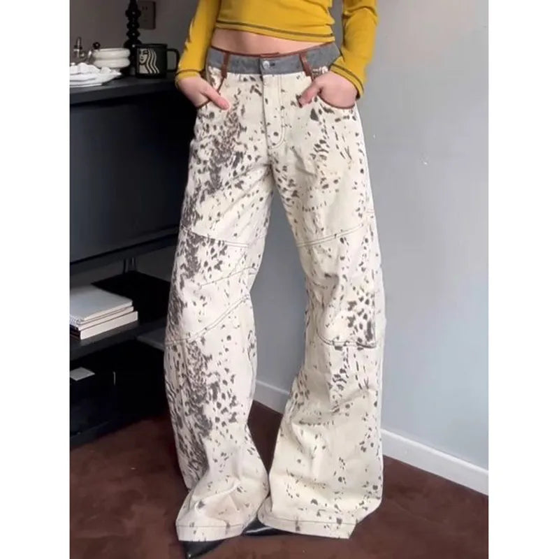 Leopard Print Baggy White Jeans