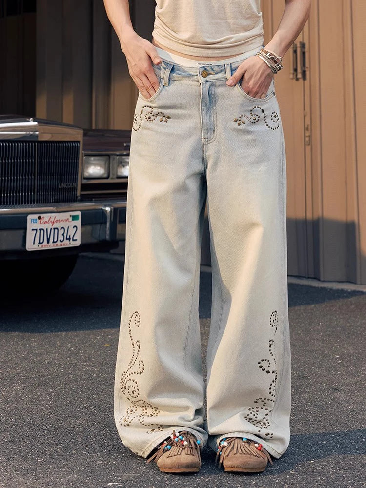 Retro Embroidery Baggy Pattern Hip Jeans