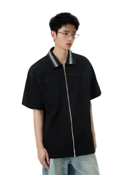 Retro Spliced Embroidered Lapel Zipper Shirt