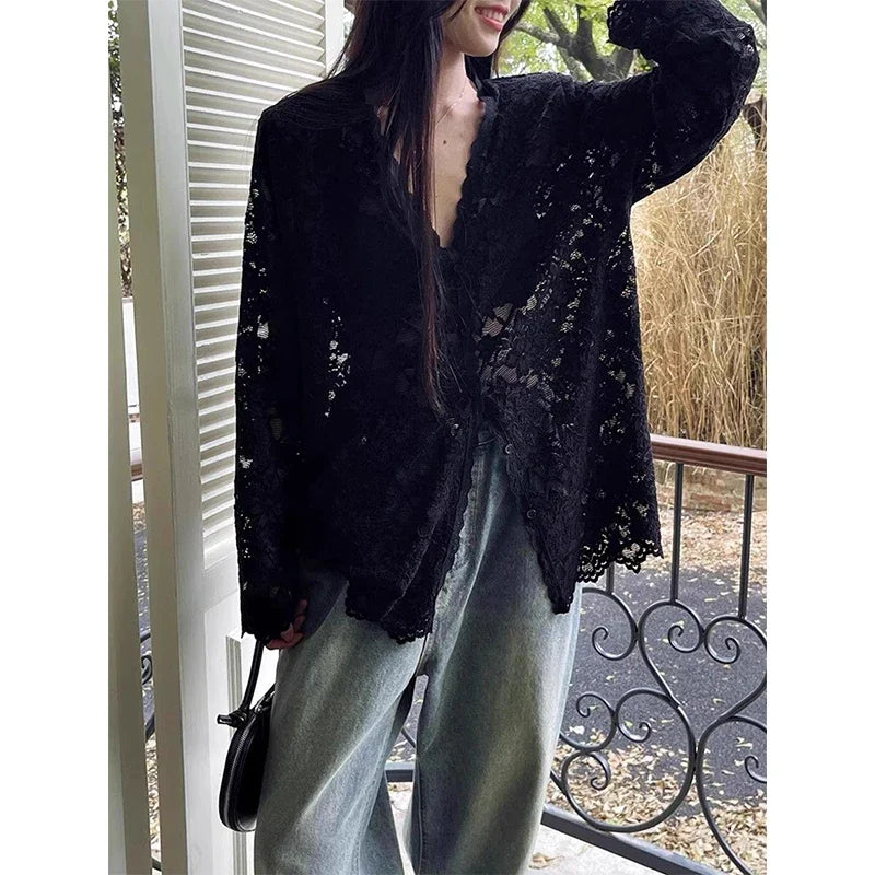 Chic Sheer Lace Blouses Womens Shirt