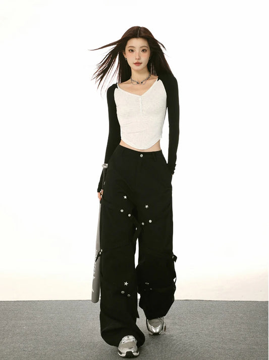 Vintage Contrast Color V-Neck Long T-Shirt