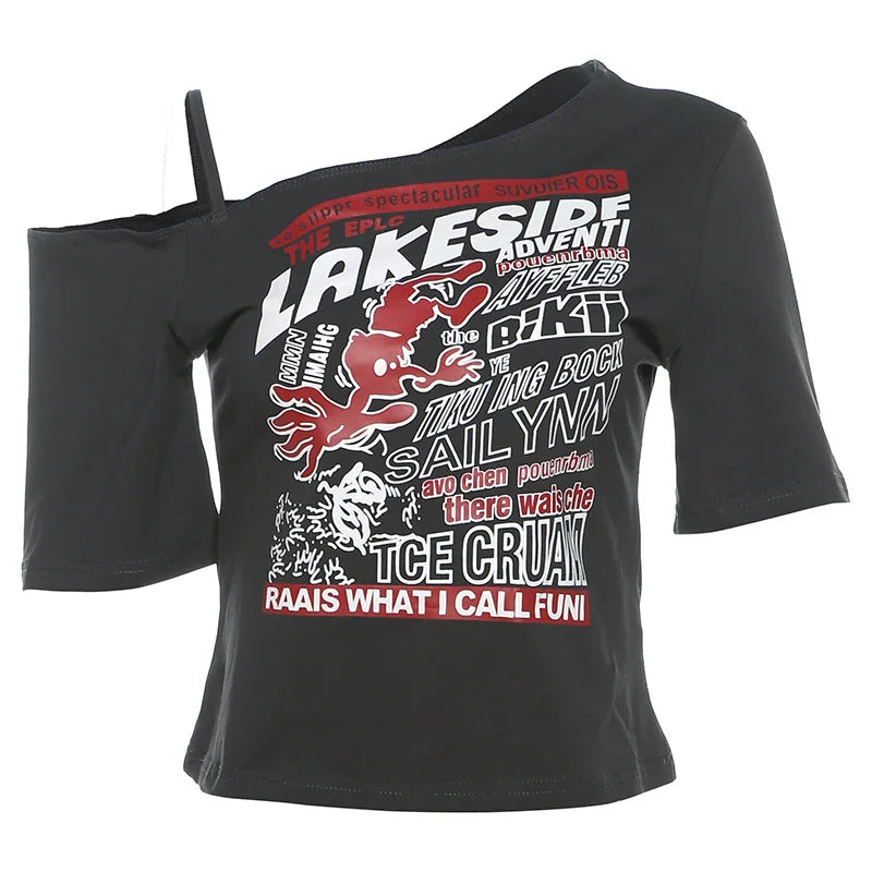 Gothic Letter Print Off Shoulder T-Shirt