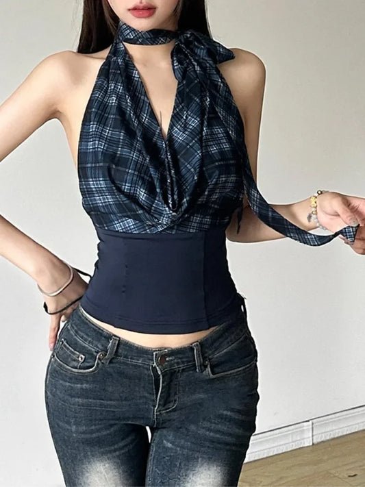 Plaid Patchwork Y2K Aesthetic Halter Tank