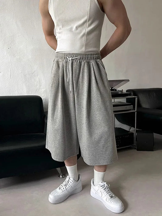 Soft Grey Loose Drawstring Calf-Length Shorts