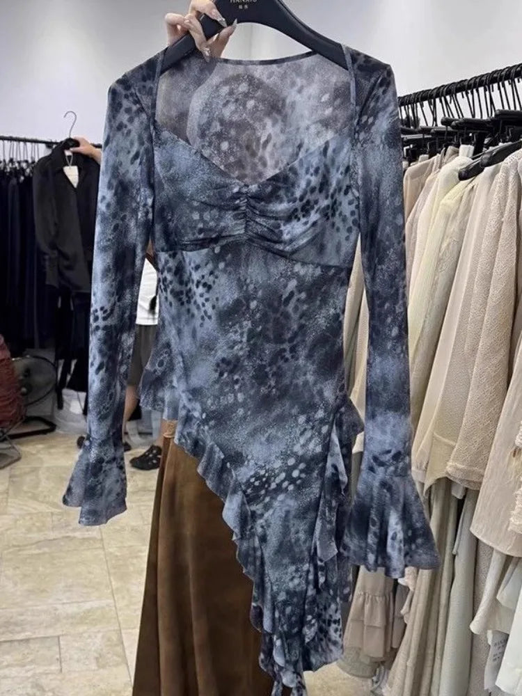 Sexy Irregular Ruffled Tie Dye Shirt