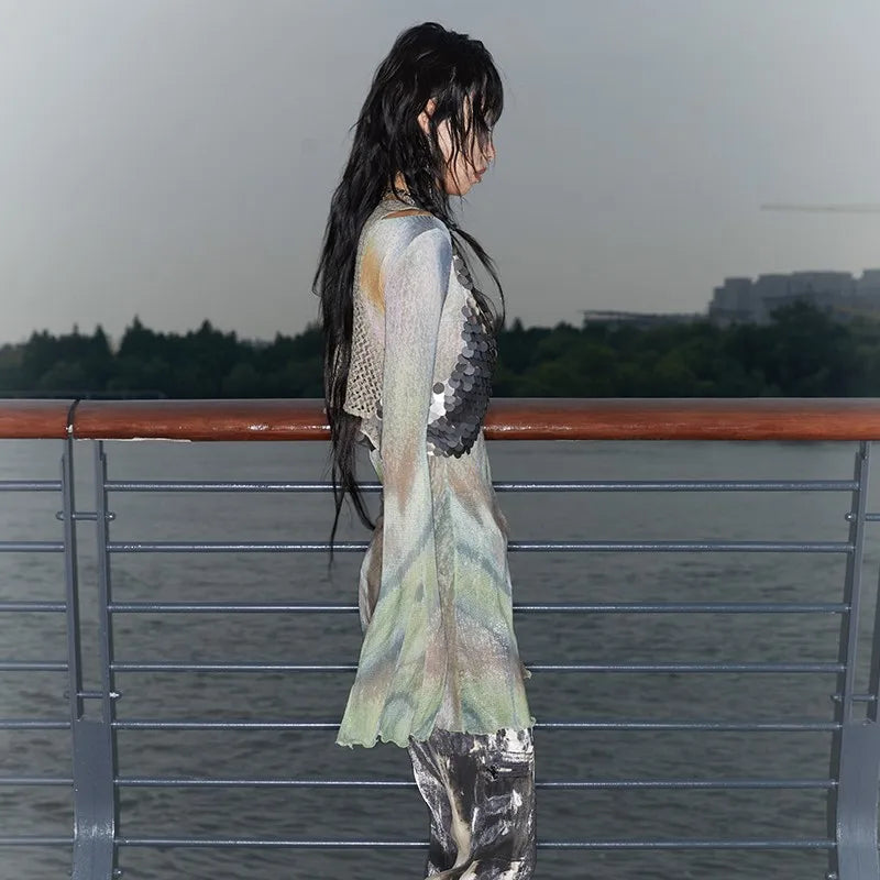 Vintage Flare Sleeve Sheer Mesh T-Shirt