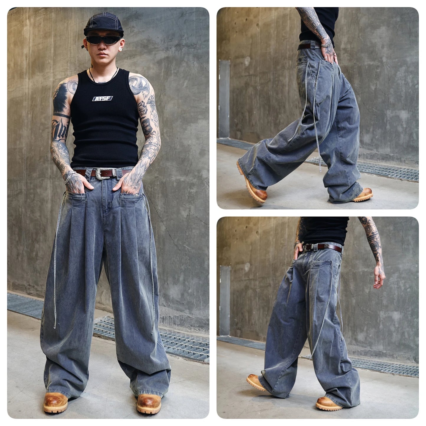 Gray Washed Denim Bending Knife Jeans