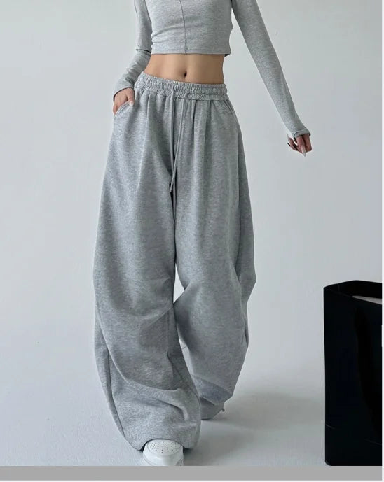 Gray Wide Leg Drawstring Pants